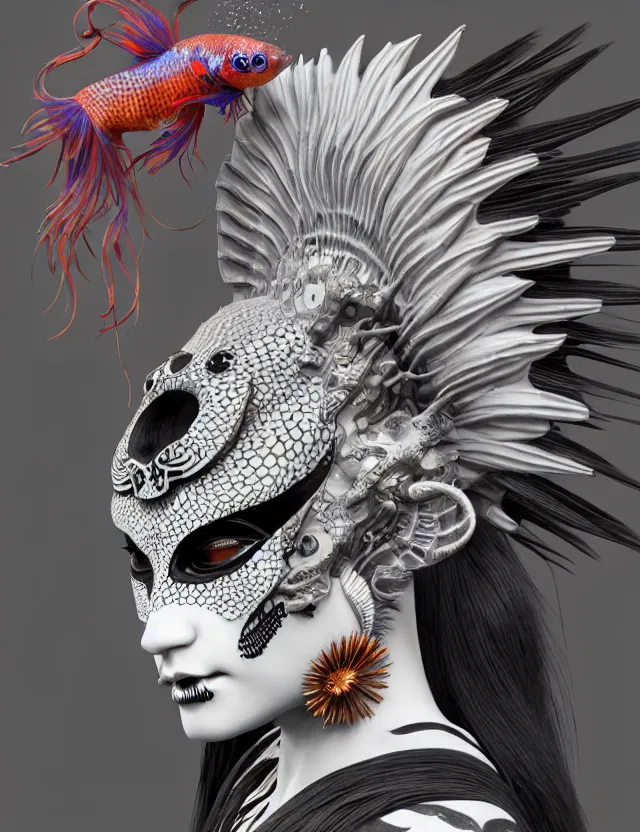 Image similar to 3 d goddess close - up profile simple portrait punk with mohawk with tiger skull. beautiful intricately detailed japanese crow kitsune mask and clasical japanese kimono. betta fish, jellyfish phoenix, bio luminescent, plasma, ice, water, wind, creature, artwork by tooth wu and wlop and beeple and greg rutkowski