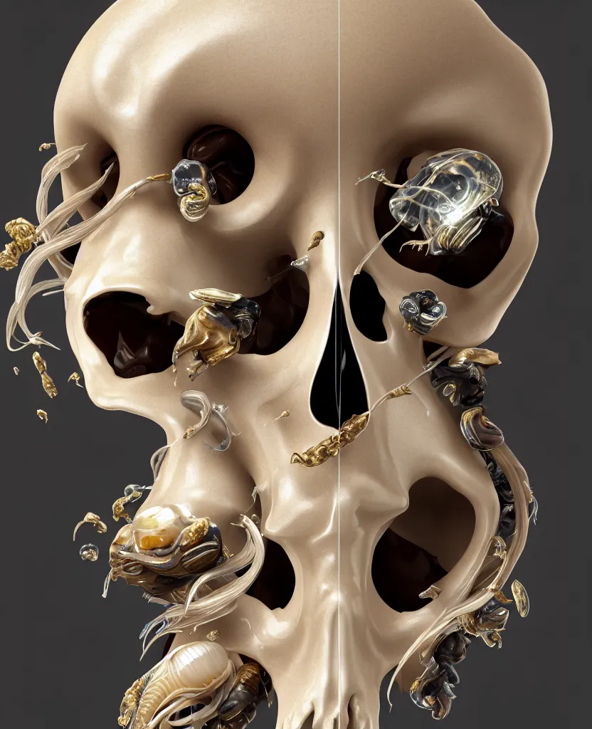 Image similar to goddess princess face close-up portrait ram skull. sculpture made of polished gold and matte obsidian. jellyfish phoenix head, nautilus, orchid, skull, betta fish, bioluminiscent creatures, intricate artwork by Tooth Wu and wlop and beeple. octane render, trending on artstation, greg rutkowski very coherent symmetrical artwork. cinematic, hyper realism, high detail, octane render, 8k