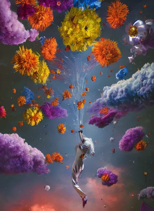 Image similar to An epic fantastic realism comic book style painting of the most beautiful flowers launched into space, perfect shiny silver iridescent spheres, bouquets, fisheye lens, unreal 5, DAZ, hyperrealistic, octane render, dynamic lighting