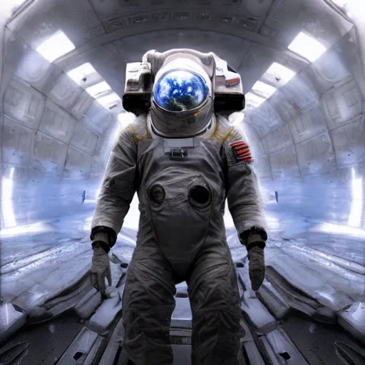 Image similar to concept art by craig mullins astronaut in futuristic dark and empty spaceship underwater. infrared complex and hyperdetailed technical suit. mandelbulb fractal. reflection and dispersion materials. rays and dispersion of light. volumetric light. 5 0 mm, f / 3 2. noise film photo. flash photography. unreal engine 4, octane render. interstellar movie art