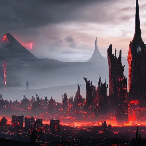 Prompt: mordor as a bustling city, highly detailed, sharp focus, skyline, vast, atmospheric, movie still, gothic, lord of the rings, mount doom, 4 k, fantasy