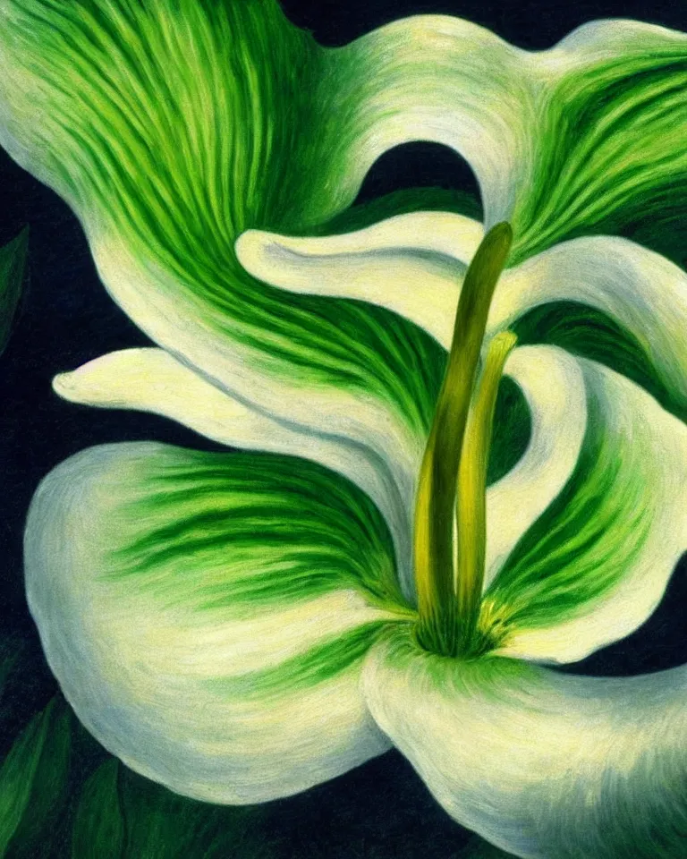 Image similar to achingly beautiful extreme close up painting of one white lily blossom on green background rene magritte, monet, and turner. piranesi. macro lens, symmetry.