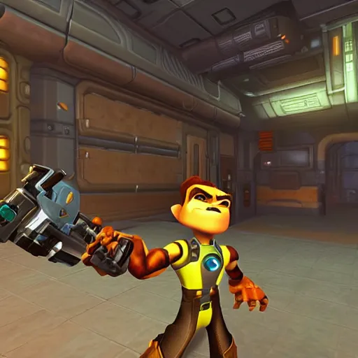 Image similar to ratchet & clank in the style of DOOM 1993 Game, pixelated graphics, FPS