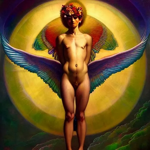 Image similar to psychedelic angelic celestial being artwork of esao andrews frank xavier leyendecker, energy body, sacred geometry, esoteric art, divinity detailed, saturated colors,