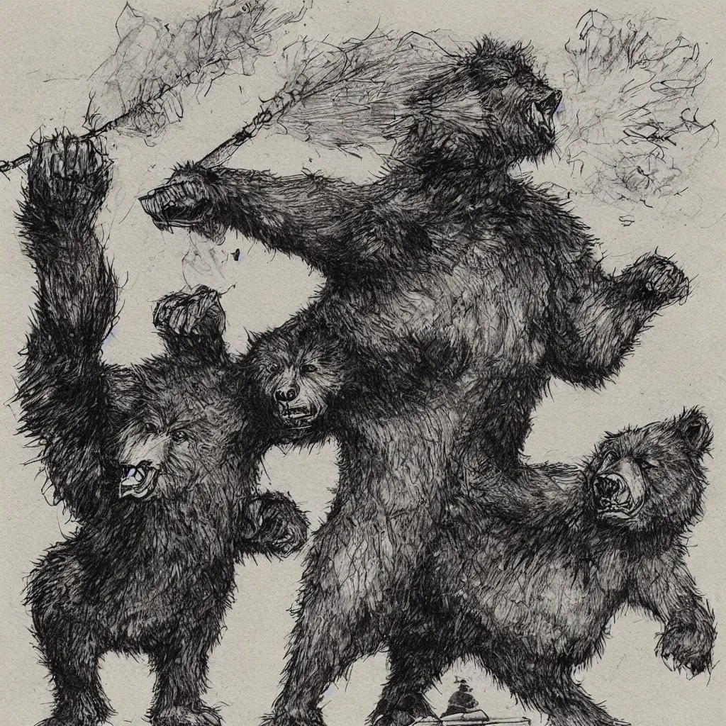 Image similar to style of clark franklyn, a werebear robbing a bank