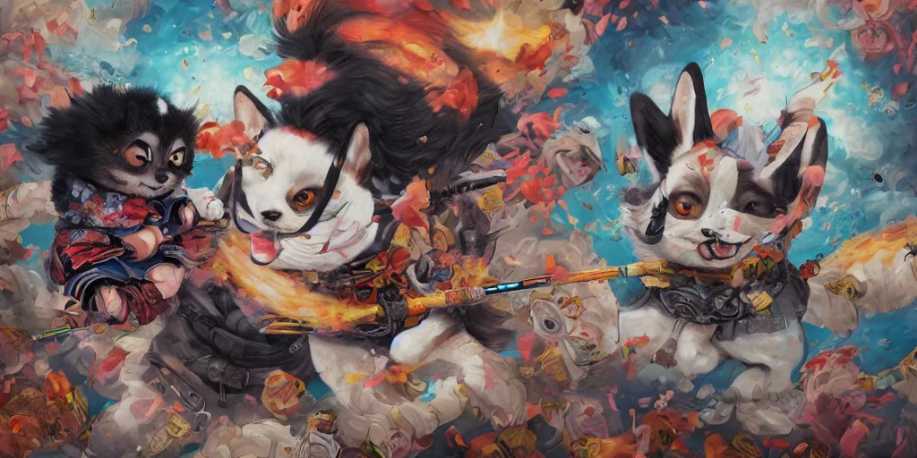 Image similar to highly detailed painting of a fluffy graffiti corgi ninja god fighting samurai, by Anna Dittmann and Hikari Shimoda , trending on Artstation, 8k, masterpiece, graffiti paint