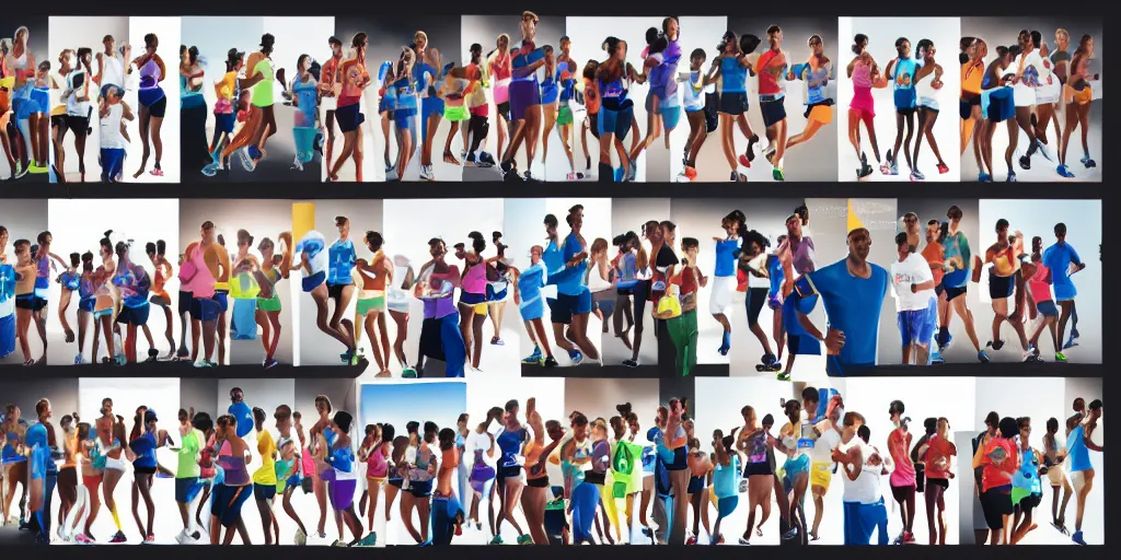 Image similar to Storyboard Sketch of Studio Photograph of starting line of many diverse marathon runners. multiple skintones. Frontal. Shot on 30mm Lens. Advertising Campaign. Wide shot. Fashion Studio lighting. White background.