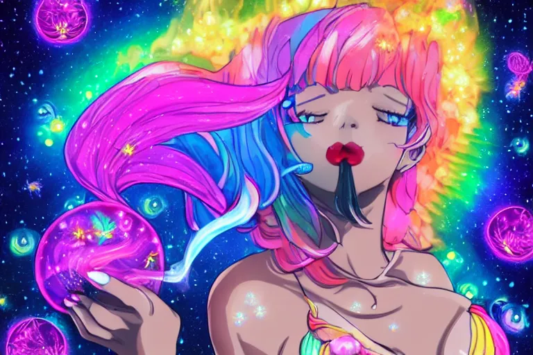 Image similar to psychedelic, full body, whimsical, anime, 4k, beautiful lusty woman blowing smoke, with professional makeup, long trippy hair, a crystal and flower dress, sitting in a reflective pool, surrounded by gems, underneath the stars, rainbow fireflies, trending on patreon, deviantart, twitter, artstation, volumetric lighting, heavy contrast, art style of Ross Tran and Viktoria Gavrilenko and Ilya Kuvshinov