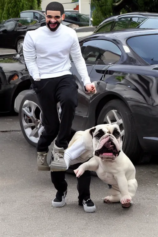 Image similar to drake laughing at an english bulldog peeing on his car