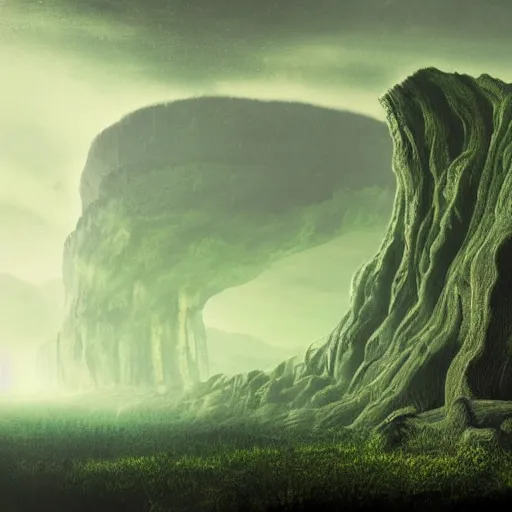 Prompt: alien environment landscape with green ground volcanic cliffs and valelys, massive black rocks, horror mood, atmospheric lighting
