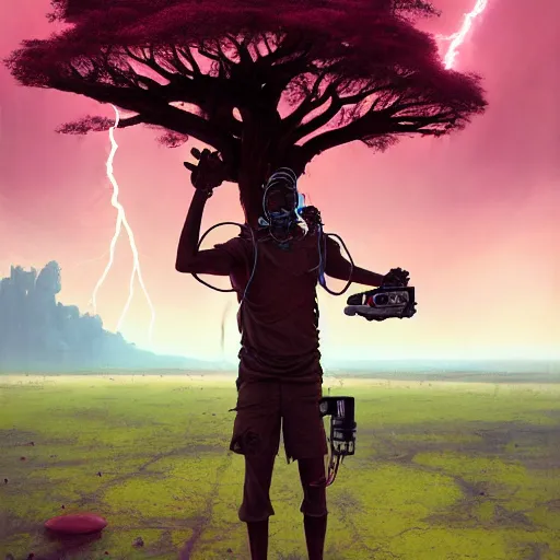 Image similar to a zulu cyberpunk hunter with a drone near a pink lake witha a baobab tree in a lightning storm by greg rutkowski and android jones in a surreal portrait style, oil on canvas, 8k resolution.