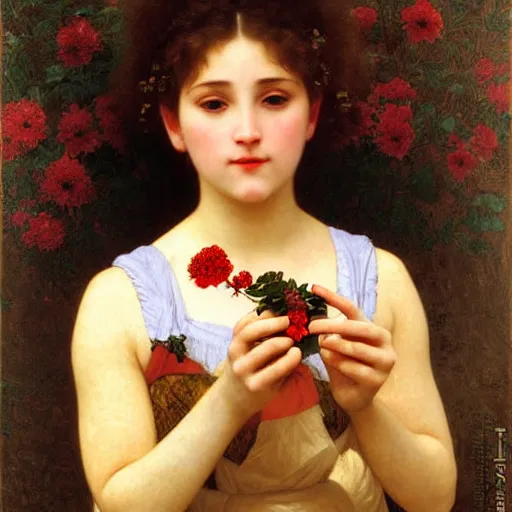 Image similar to painting portrait of a woman eating a flower, intricate, elegant, digital painting, smooth, sharp focus, shiny gold, realistic gold, realistic metal, by William-Adolphe Bouguereau and Gustav Klimt,