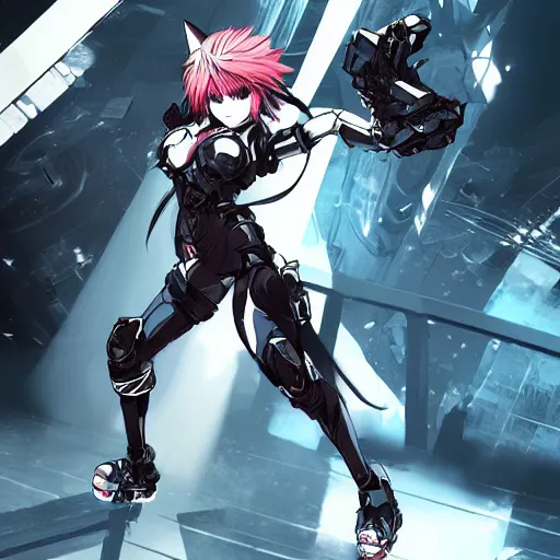 Prompt: An anime female with crimson hair, cat ears and tail, wearing an armor, drawn by Yoji Shinkawa highly detailed, trending on art station, sci-fi themed, dynamic posing