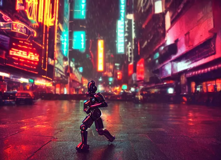 Image similar to a 2 8 mm macro kodachrome photo of a tall huge metallic cyborg droid with glowing lights, running on a rainy night in the city in the 1 9 5 0's, seen from a distance, canon 5 0 mm, cinematic lighting, film, photography, award - winning, neon, cyberpunk, blade runner