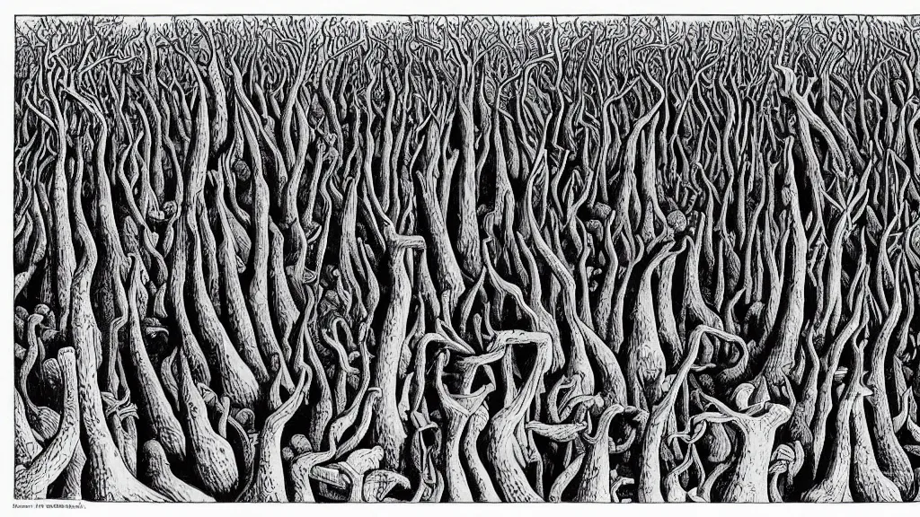 Prompt: a forest of giant thumbs, by escher and chris van allburg, fine inking lines, surreal fantasy