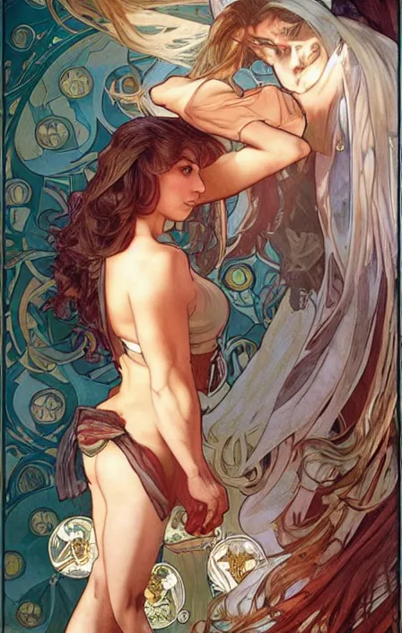 Image similar to pretty muscular sam and dean winchester as a character in romance book art design, character concept, sharp focus!, ultra detailed, art by artgerm alphonse mucha, wlop