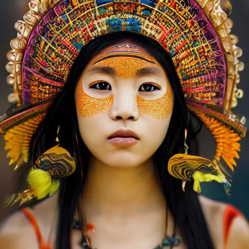 Prompt: portrait of a stunningly beautiful asian tribal female, small amount of traditional facepainting, depth of field, zeiss lens, detailed, symmetrical, centered, fashion photoshoot, by alphonse mucha, Annie Leibovitz and Steve McCurry, David Lazar, Jimmy Nelsson, Breathtaking, 8k resolution, extremely detailed, beautiful, establishing shot, artistic, hyperrealistic, beautiful face, octane render