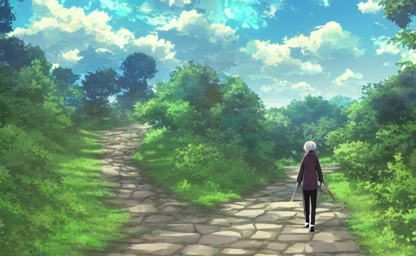 Image similar to cat walking the Appalachian trail, anime scenery by Makoto Shinkai, wholesome digital art