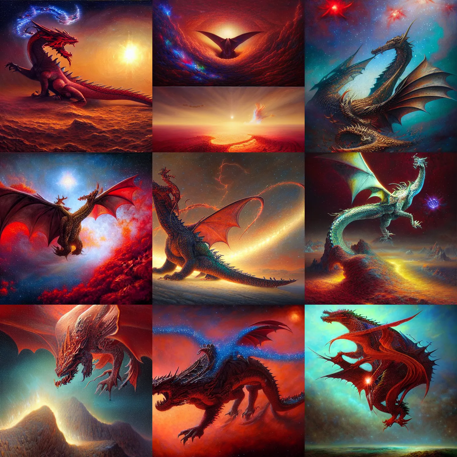 Prompt: a dragon made out of stars flying over a red sea, realistic, vibrant colors, ultra detailed, by Tomasz Alen Kopera and greg rutkowski