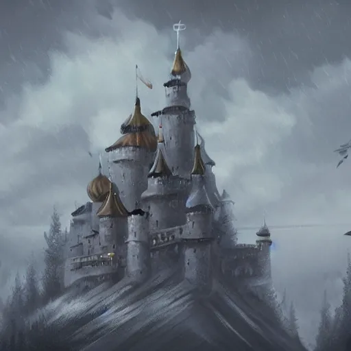 Image similar to a digital painting in the style of ilya lushnikov of a magnificent light grey high fantasy castle on top of a mountain. below is a bustling town filled with people, artstation, rainy weather, brushtrokes