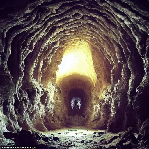 Prompt: deep in a large open cavern in a crystal cave there is a gigantic demonic portal to hell, fantastic composition