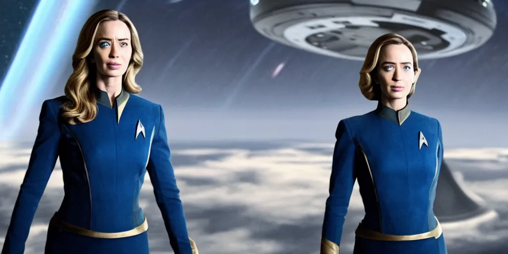 Prompt: emily blunt is the captain of the starship enterprise in the new star trek movie