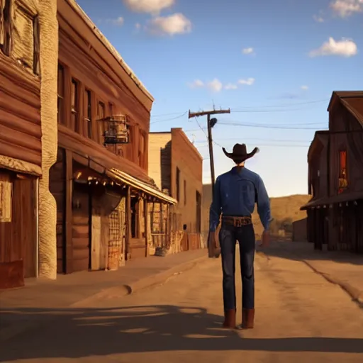 Prompt: A cowboy mid-teleport in an old west town. Long shot, 4k ultra-realistic, warm lighting