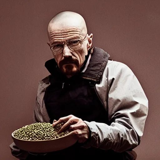 Prompt: walter white eating barley, photography,