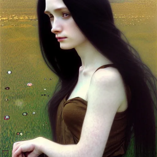 Image similar to Portrait of a beautiful, pale skin, female with long black hair, (dark brown narrow-set eyes), faint smile, elegant clothing, photorealistic, highly detailed, realistic, artstation, smooth, sharp focus, art by Klimt, artgerm, Greg Rutkowski and Alphonse Mucha natural light, Adobe Lightroom, photolab, Affinity Photo, PhotoDirector 365