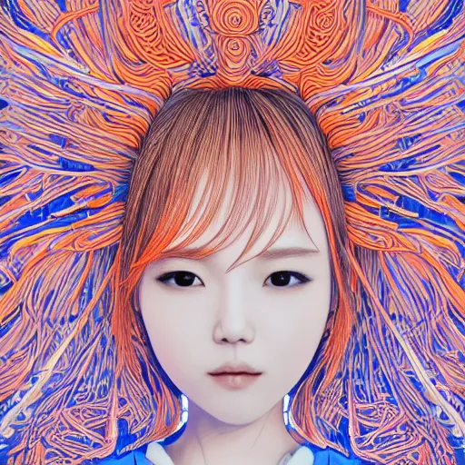 Image similar to the head of an incredibly cute and elegant korean girl partially made of carrots and blueberries looking up, an ultrafine detailed illustration by james jean, final fantasy, intricate linework, bright colors, behance contest winner, vanitas, angular, altermodern, unreal engine 5 highly rendered, global illumination, radiant light, detailed and intricate environment