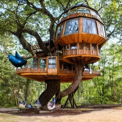 Prompt: a treehouse made with futuristic parts, large duck inside of the treehouse with glowing eyes, photo