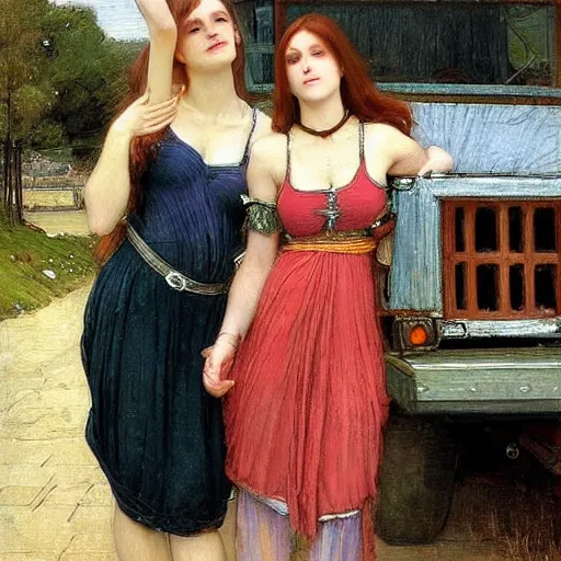 Image similar to two very very very beautiful women standing in front of a truck, smiling, flirty, perfect face, perfect body, digital art by john william waterhouse