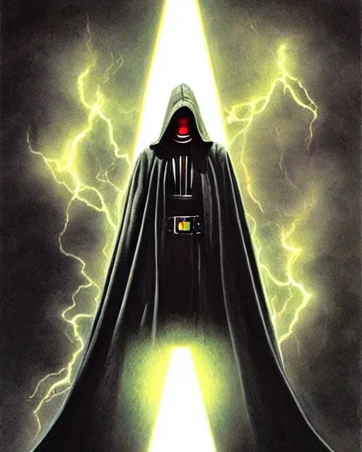 Prompt: hooded sith lord with lightning striking, airbrush, drew struzan illustration art, key art, movie poster