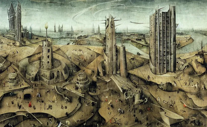 Prompt: A mysterious futuristic brutalist soviet city by Hieronymus Bosch