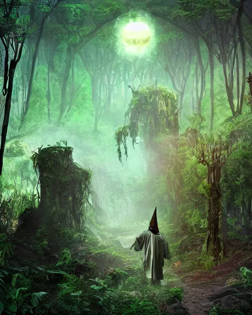 Image similar to a wise wizard walking towards a ravenous, horrific ruin of hades in a densely overgrown, magical jungle, fantasy, dreamlike sunraise, stopped in time, dreamlike light incidence, ultra realistic