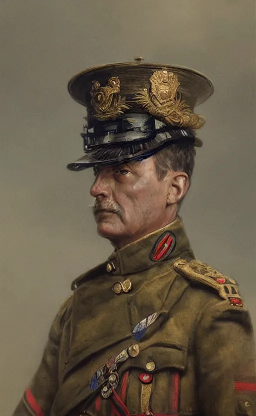 Prompt: official portrait of a British general WWI, detailed face, 20th century, highly detailed, cinematic lighting, digital art painting by greg rutkowski