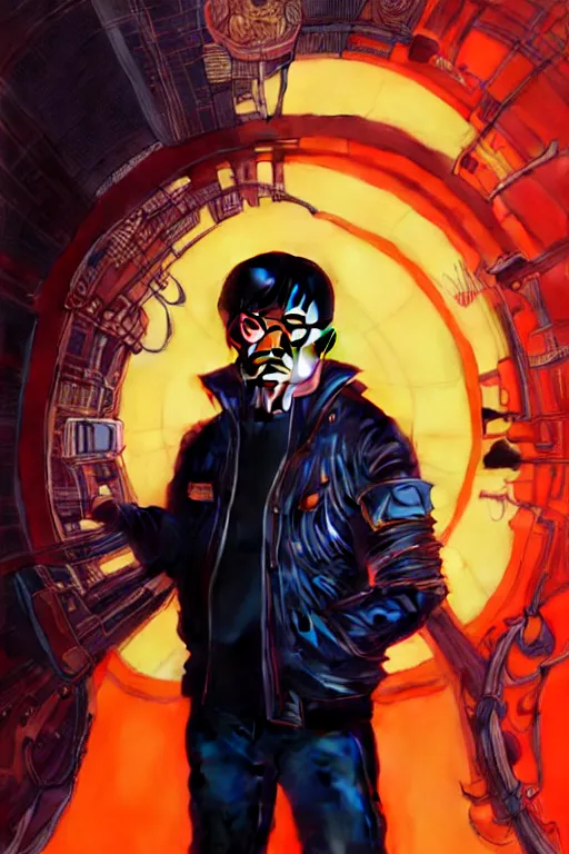 Prompt: a middle aged asian man with short black hair, broad shoulders, thick round spectacles, wearing a bright orange bomber jacket, seductive cyberpunk dark fantasy, art by artgerm and karol bak and moebius and alphonse mucha and greg rutkowski, hyperdetailed, ultrarealistic, octane render