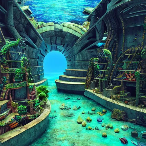 Prompt: abandoned lost city of Atlantis under water , vibrant colors, Smooth, 3D Render, cinema 4d, blender 3d, photorealistic, 8k, HDR, Cinema, cinematic