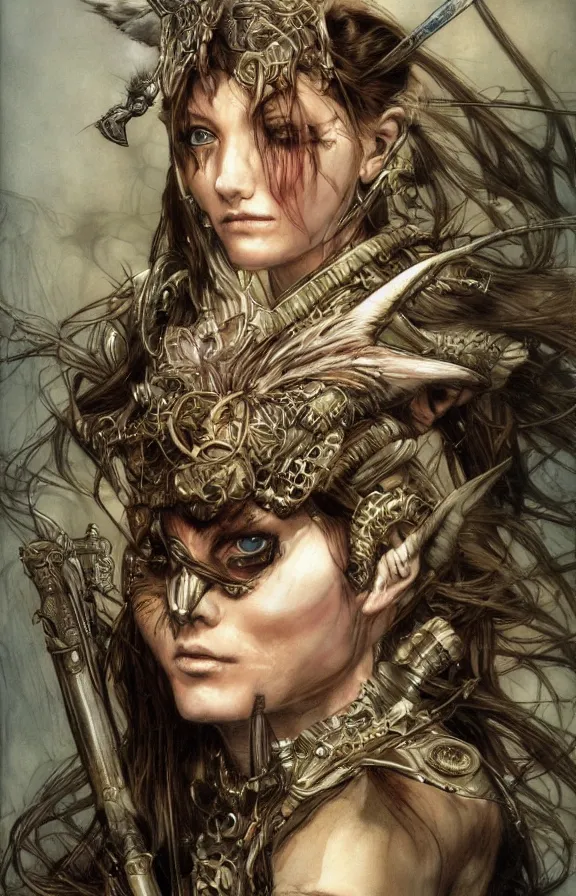 Prompt: realistic detailed portrait of fox warrior by gerald moira, ayami kojima, amano, greg hildebrandt, ann long, and mark brooks, post apocalyptic, gritty, art nouveau, victorian, neo - gothic, gothic, character concept design