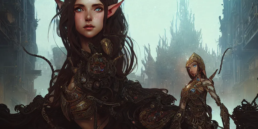 Image similar to beautiful ancient elf infected with nanomachines, elven city shrouded in rusty metal against blur, highly detailed, digital painting, artstation, sharp focus, illustration, cinematic, art by tan zi and ayanamikodon and alphonse mucha and wlop