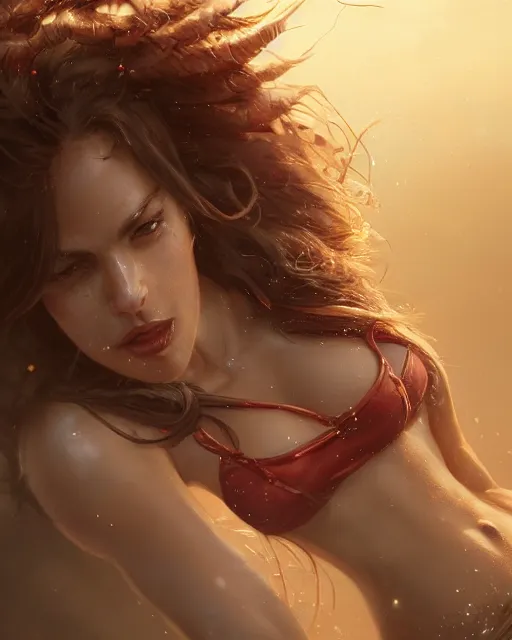 Prompt: A beautiful womanly warrior wearing a magical bikini posing on a boat, beautiful face, highly detailed face, close-up, fantasy art, in the style of greg rutkowski, illustration, epic, fantasy, intricate, hyper detailed, artstation, concept art, smooth, sharp focus, ray tracing