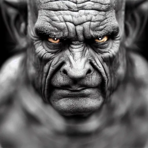 Prompt: a realistic photograph of a orc taken by sally mann, portrait, foggy, hazy, dull colors, detailed, bleak, 70mm