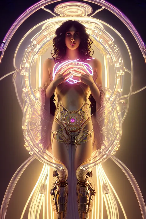 Image similar to symmetrical feminine cyborg goddess rendered in Octane, elegant and ornate futuristic silk robes, held aloft by thousands of glowing wires, glowing white neon eyes, platinum and golden flowing long hair, art by Artgerm and Alphonse Mucha, hyperrealism, full body photorealistic shot, digital render, cinematic lighting ornate jewelry, 8k resolution, masterpiece work