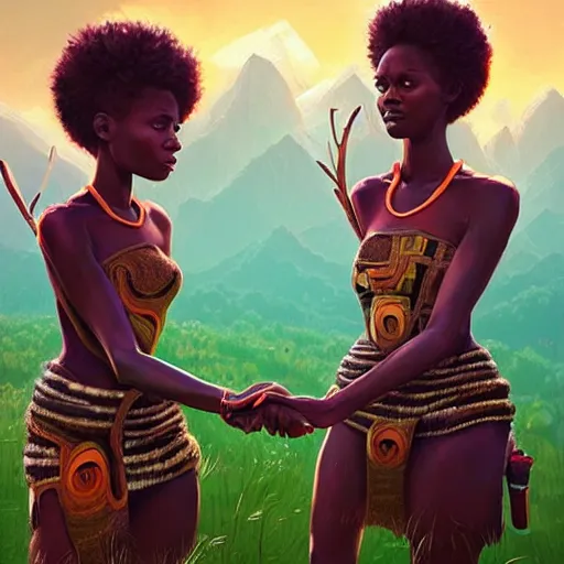 Image similar to beautiful Zulu goddesses holding hands, focused, worried, highly detailed, artstation, concept art, sharp, illustration, art by artgerm and Simon Stålenhag