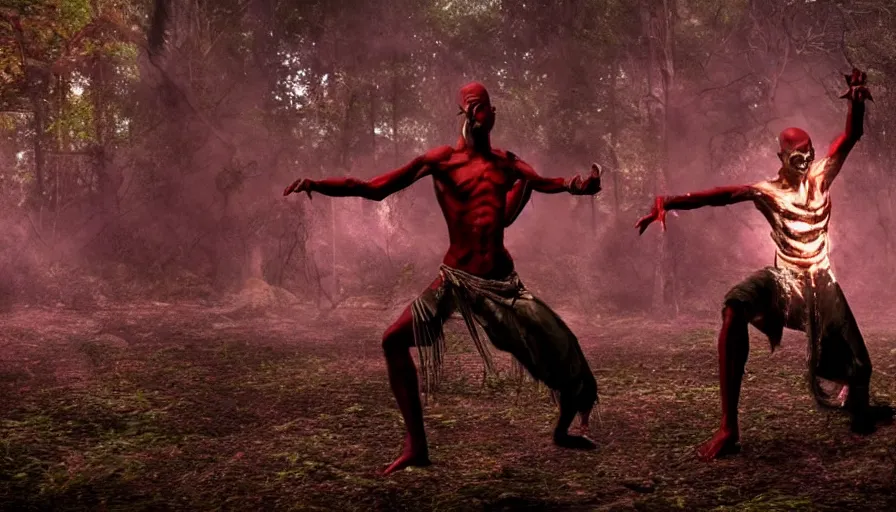 Image similar to screen shot of baraka, ambient lighting, cinematic, epic, demonic dance, chanting, forest