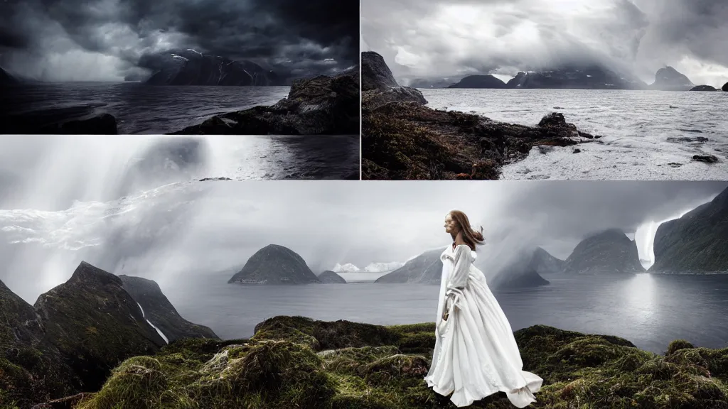 Image similar to queen, norway fjord, natalie portman back turned, hudson river school, max rive, stormy seas, white royal dress, f 1 6, bokeh, gentle, female, snowy, storm clouds, god rays, close up portrait, d & d, fantasy, elegant, low key color palette, concept art, roger deakins and greg rutkowski and alphonse mucha