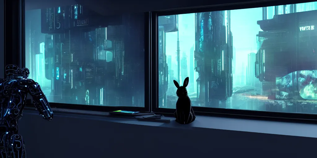 Prompt: a black water rabbit with biomechanical cybernetic body is watches the news on his smartphone near a window with dystopian city visible outside. very detailed 8 k. cyberpunk fantasy style. unreal engine render. global illumination. nanite. rtx. path tracing.