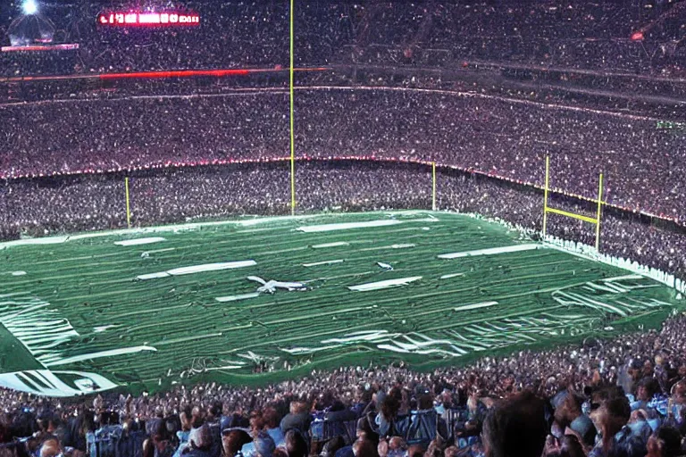 Image similar to whale flying above an NFL football game photograph realistic stadium lighting