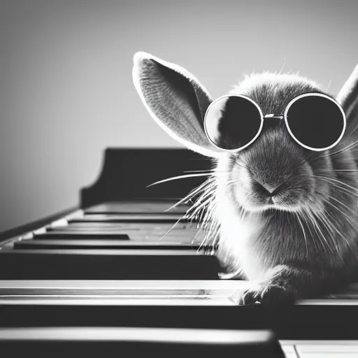 Prompt: a blind rabbit with sunglasses plays the piano in the style of ray charles. award winning photography, 5 0 mm