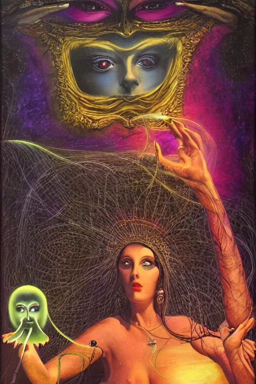 Image similar to mysterious intriguing woman performing third eye ritual, dark theme night time, expanding electric energy waves into the ethereal realm, epic surrealism 8k oil painting, realism portrait, perspective, high definition, post modernist layering, by Ernst Fuchs, Gerald Brom